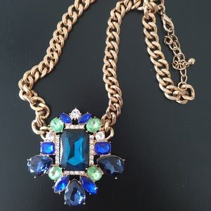 Gold Tone Statement Necklace Blue, Teal, Green